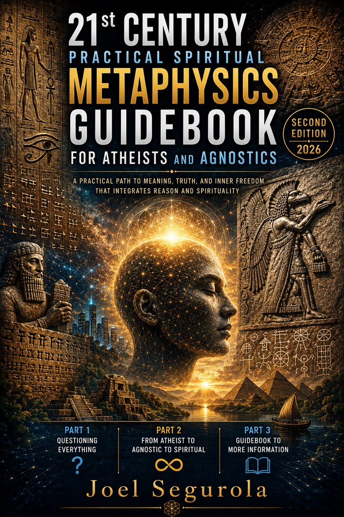 Front cover: 21st Century Practical Spiritual Metaphysics Guidebook for Atheists and Agnostics, by Joel Segurola